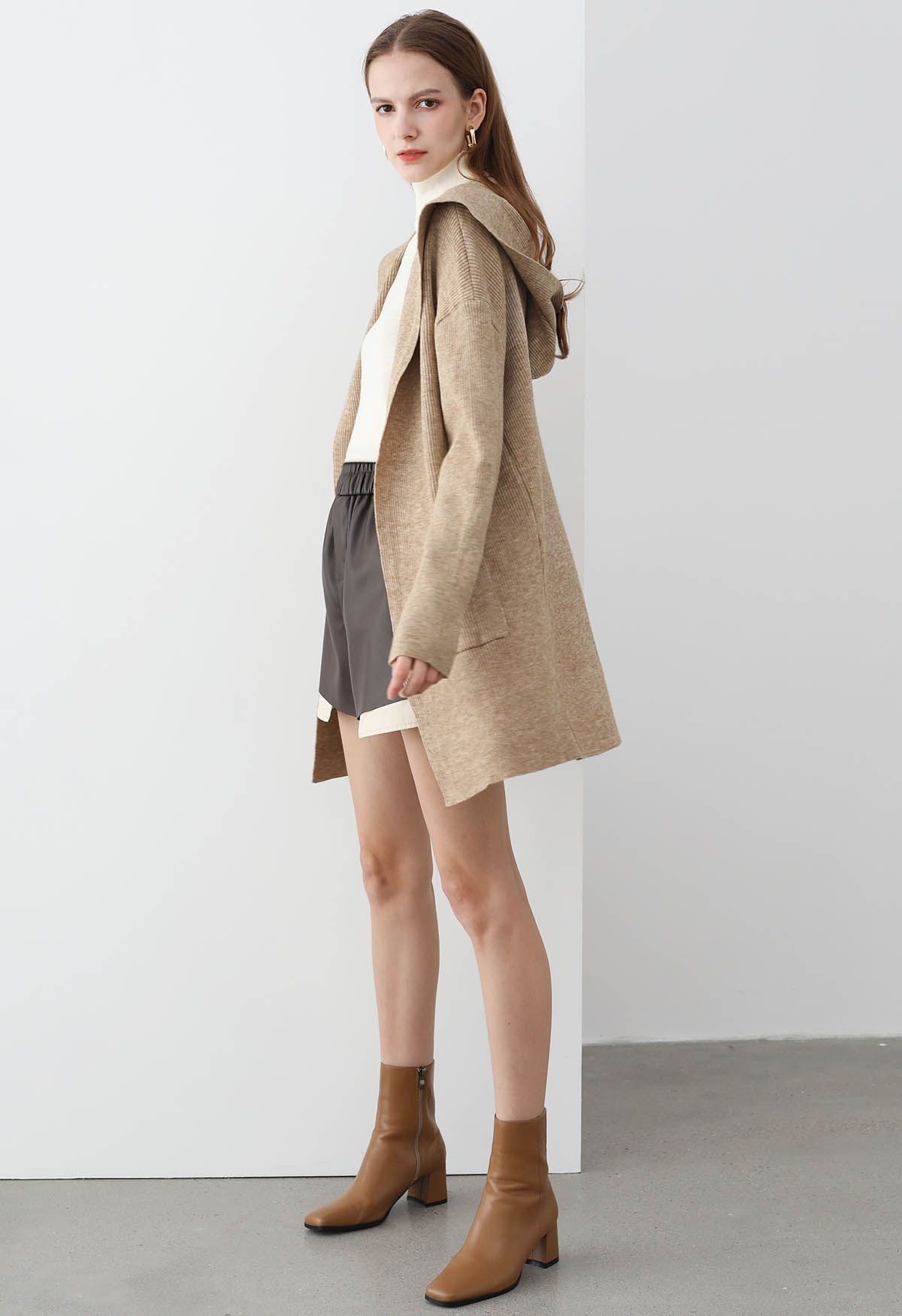 Patch Pockets Open Front Hooded Cardigan in Camel