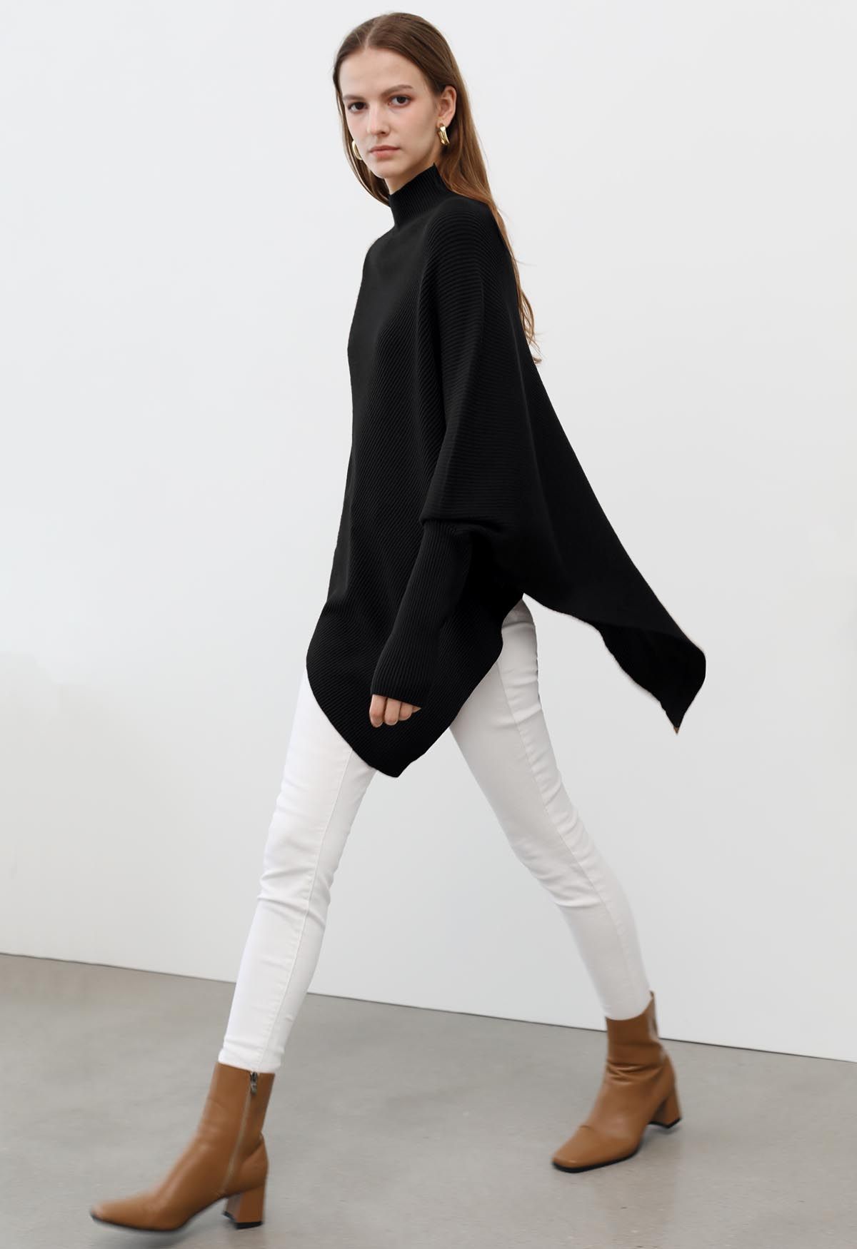 Asymmetric Batwing Sleeve Ribbed Knit Poncho in Black