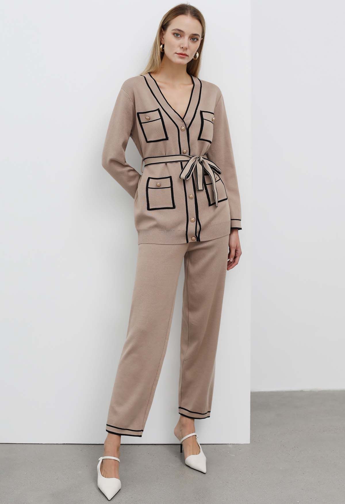 Contrast Edge Buttons Knit Cardigan and Pants Set in Camel