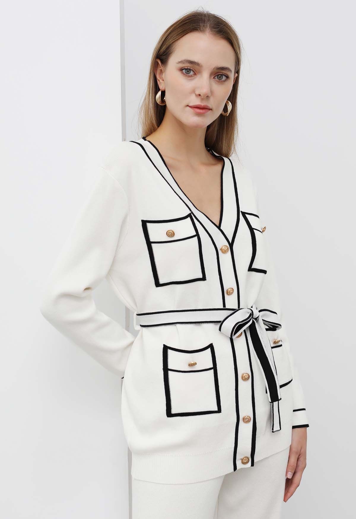 Contrast Edge Buttons Knit Cardigan and Pants Set in White
