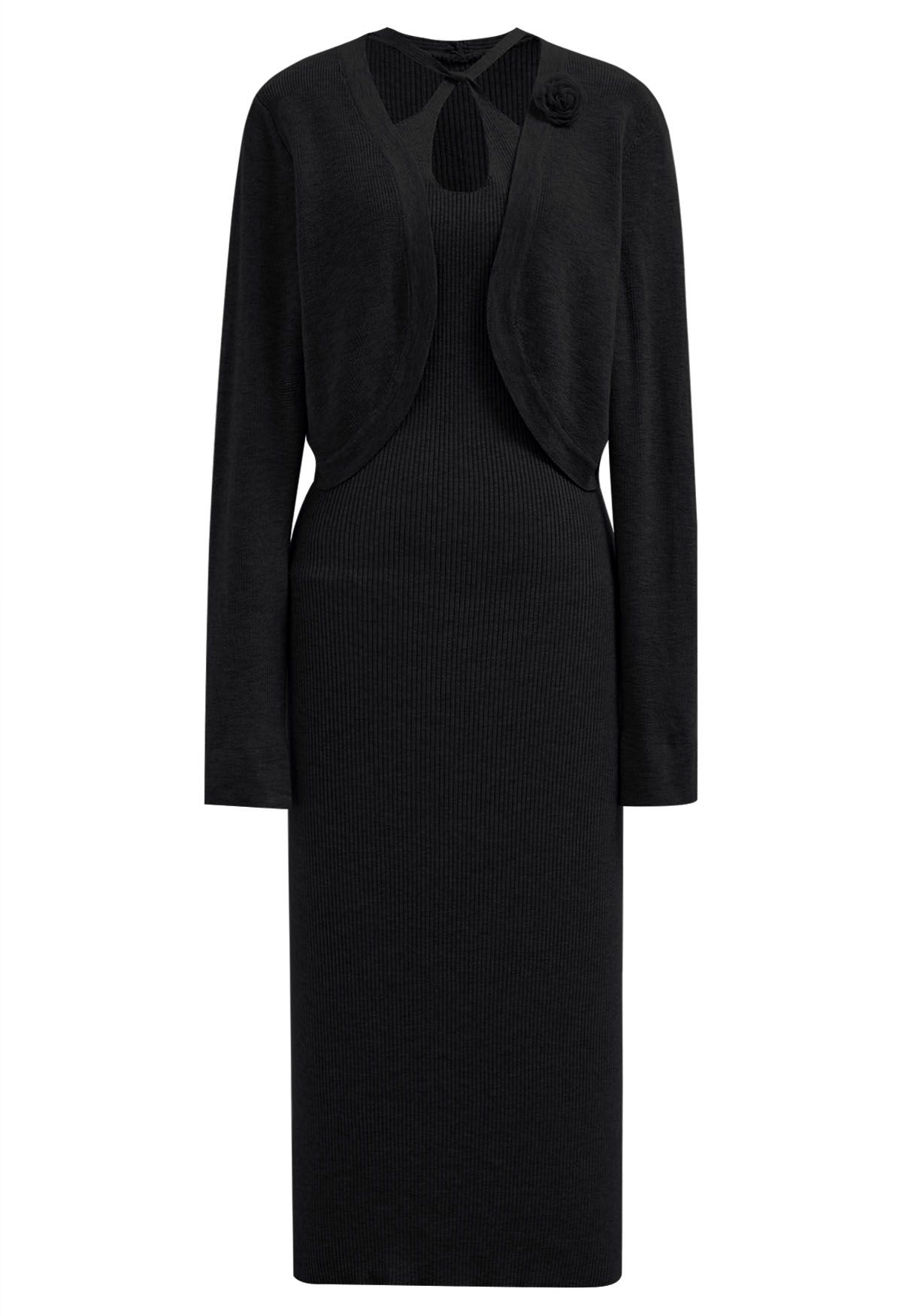 Cutout Halter Neck Knit Dress and Cardigan Set in Black