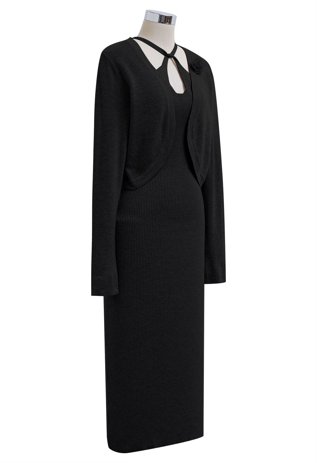 Cutout Halter Neck Knit Dress and Cardigan Set in Black