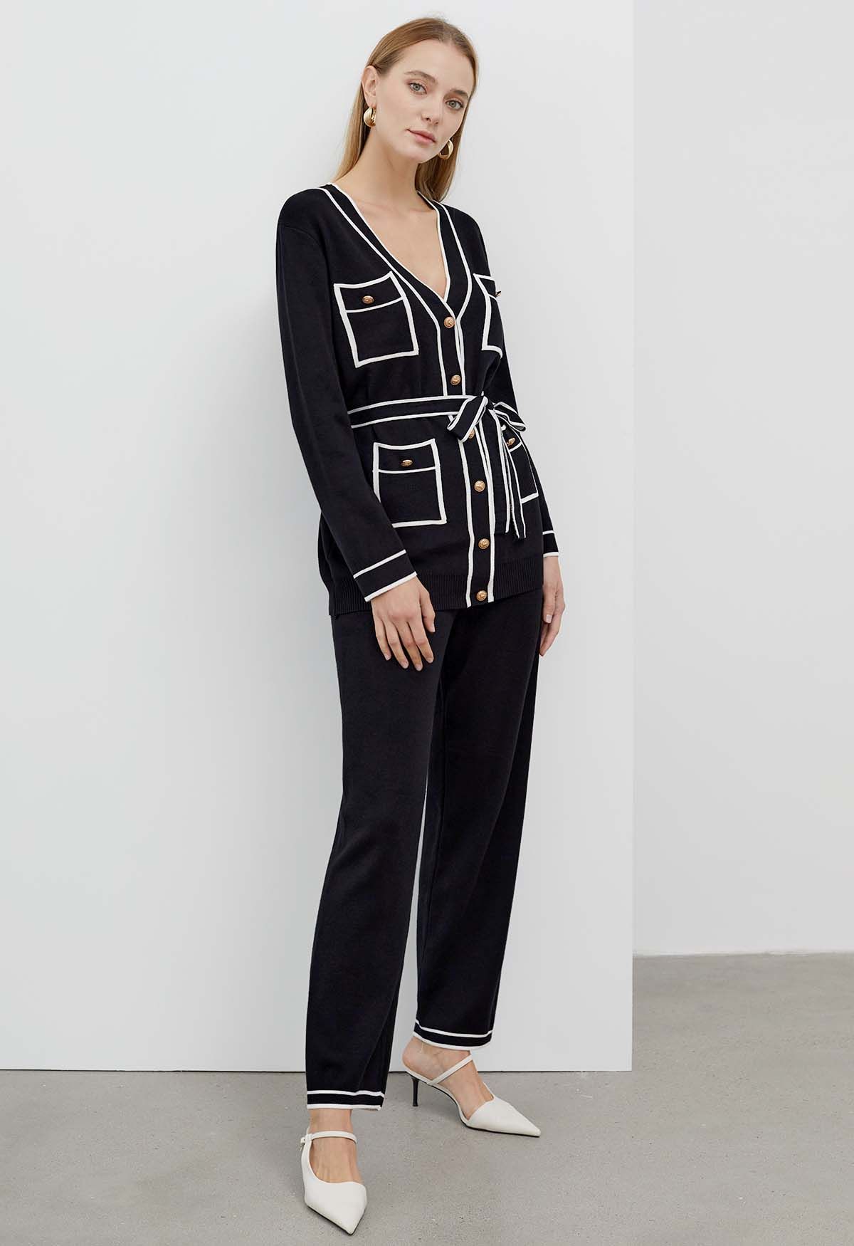 Contrast Edge Buttons Knit Cardigan and Pants Set in Black