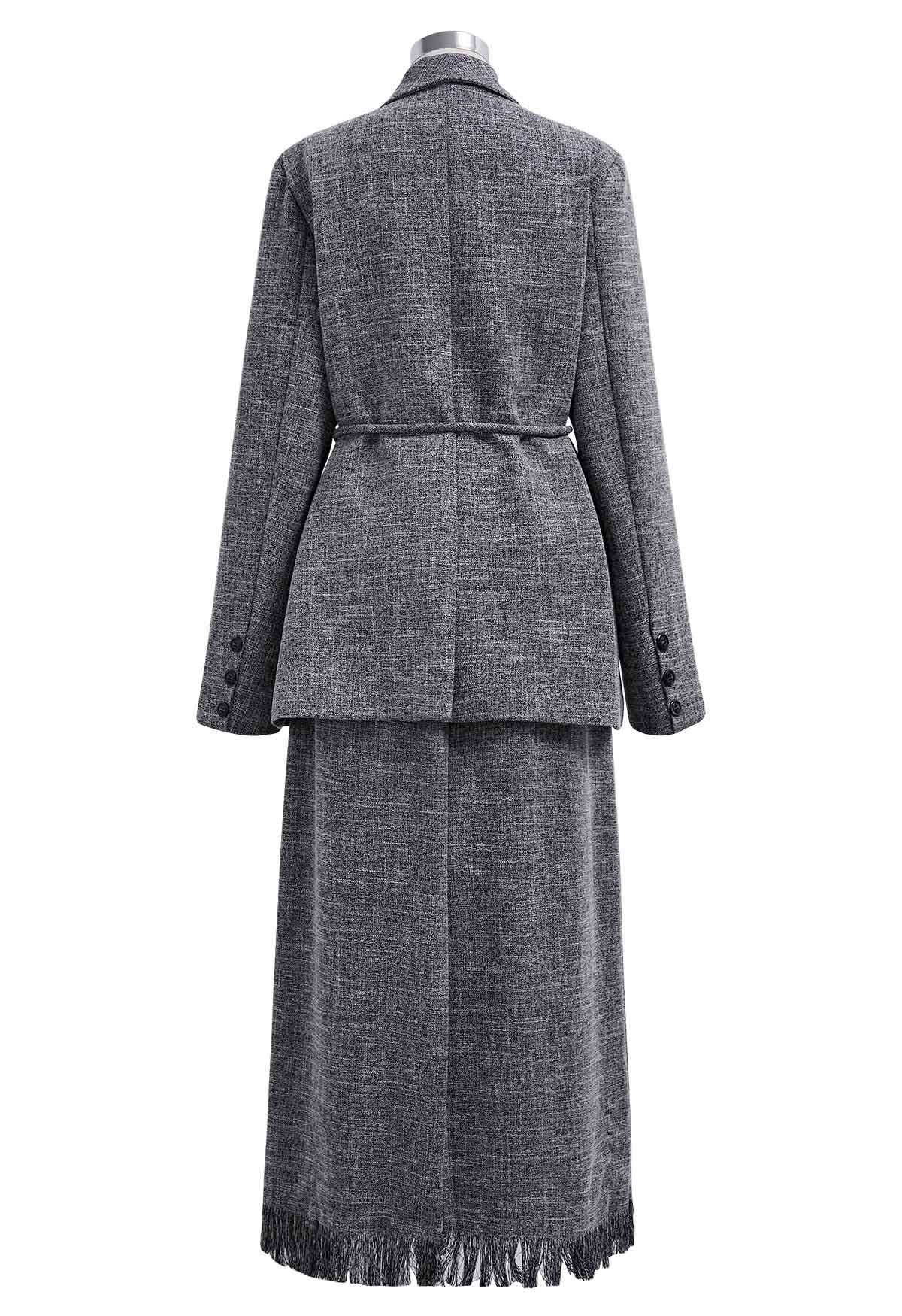 Shawl Collar Tweed Blazer and Fringe Pencil Skirt Set in Grey