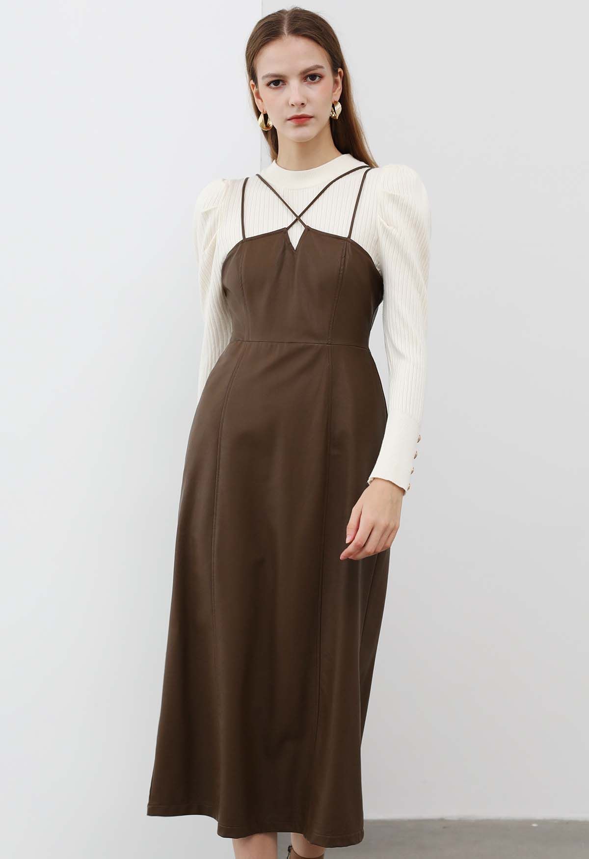 Faux Leather Spaghetti Cami Dress in Brown