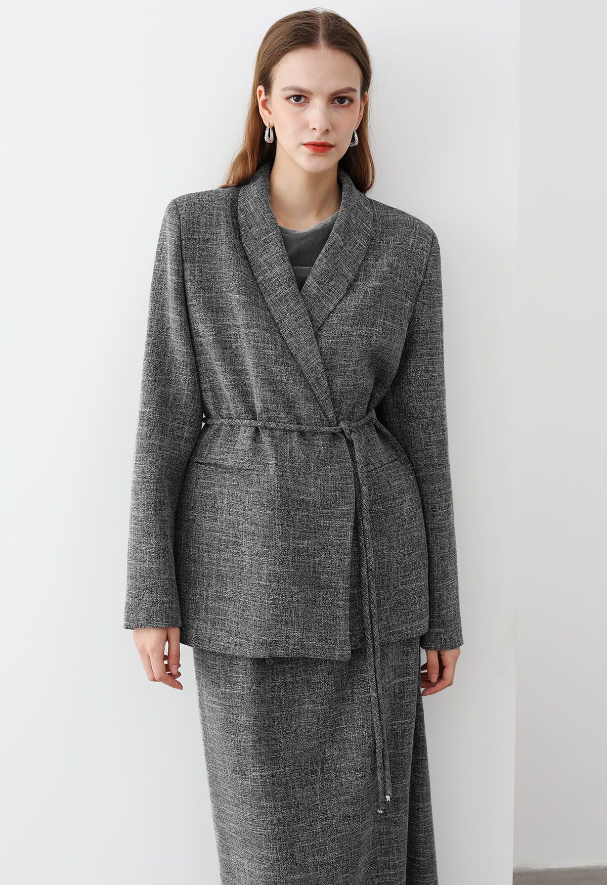 Shawl Collar Tweed Blazer and Fringe Pencil Skirt Set in Grey