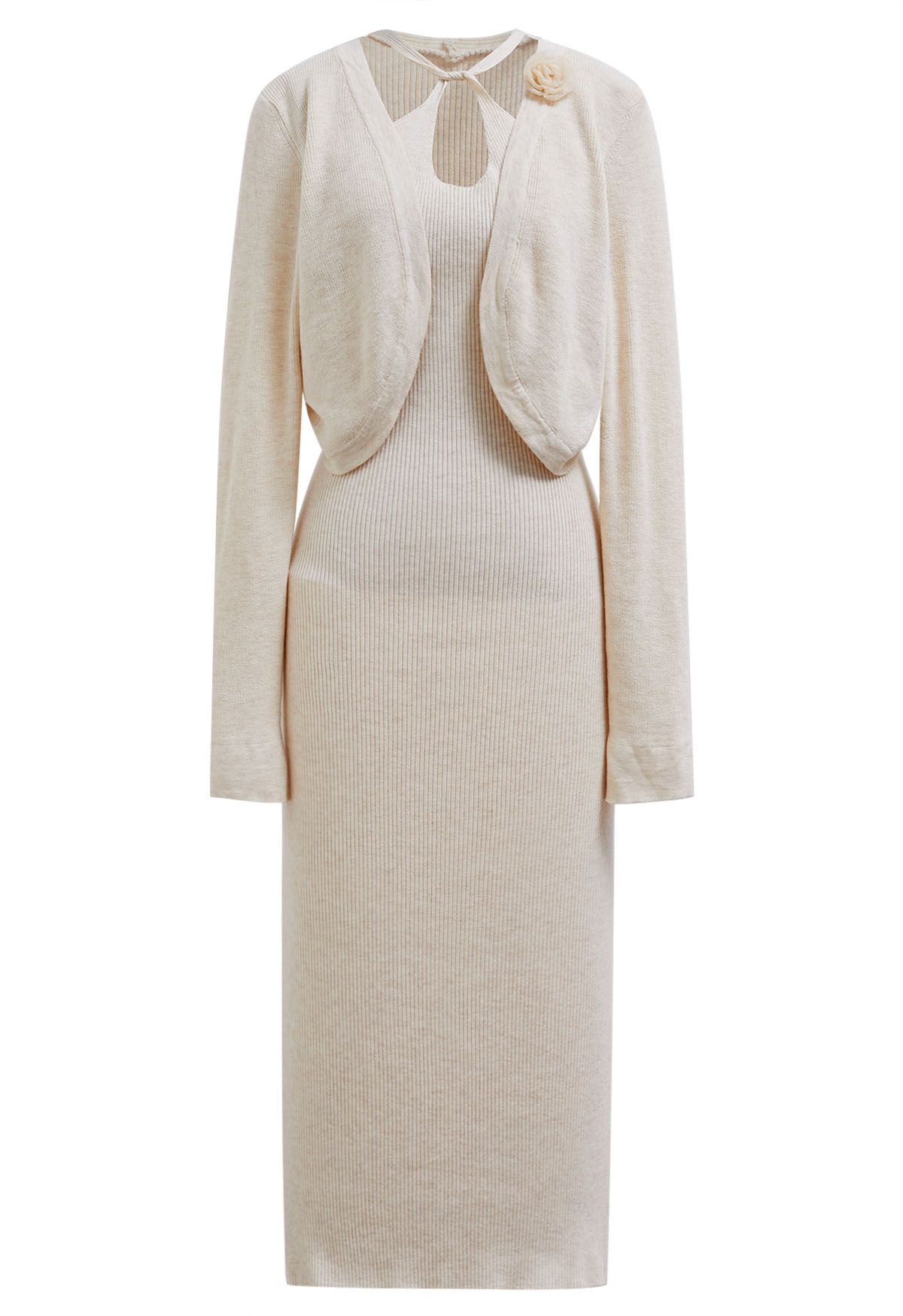 Cutout Halter Neck Knit Dress and Cardigan Set in Cream