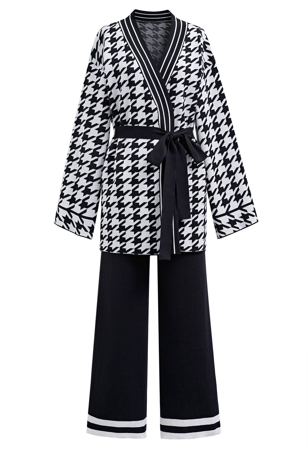 Houndstooth Self-Tie Wrap Knitted Cardigan and Pants Set in Black