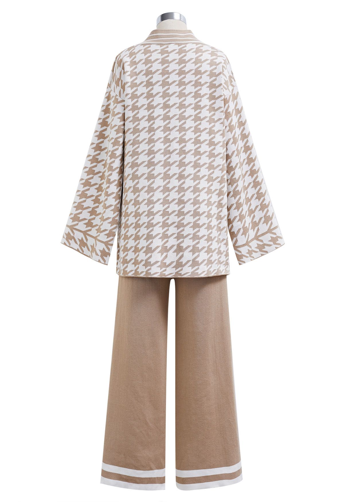 Houndstooth Self-Tie Wrap Knitted Cardigan and Pants Set in Tan