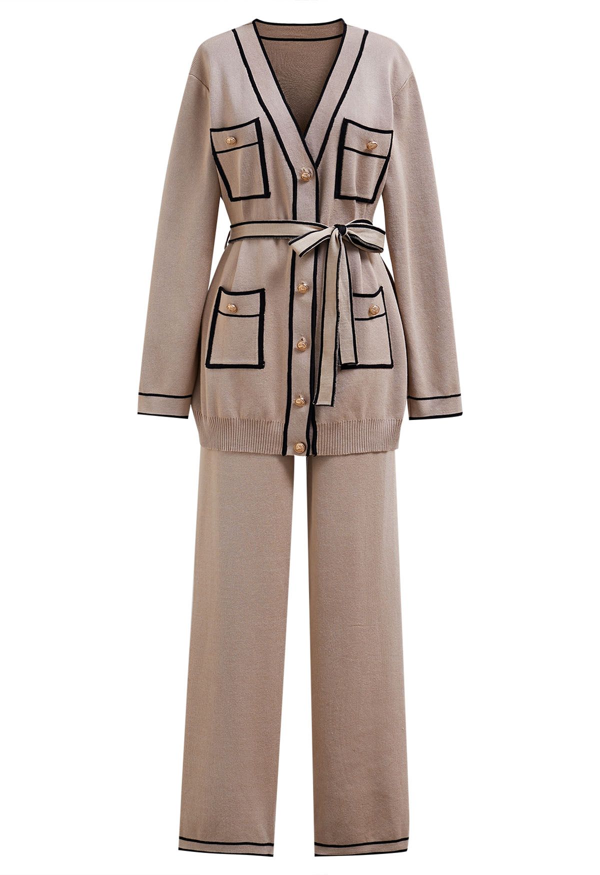 Contrast Edge Buttons Knit Cardigan and Pants Set in Camel