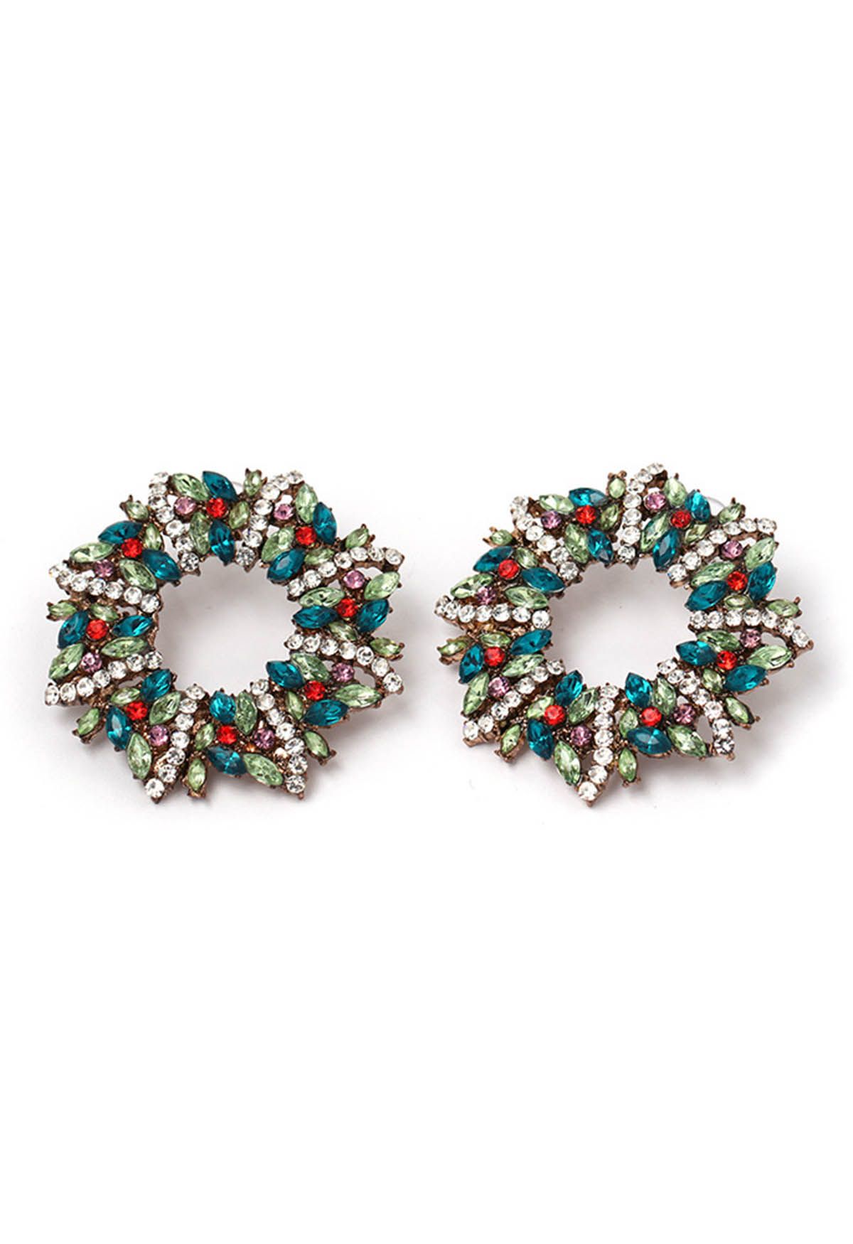 Green Wreath Rhinestone Earrings