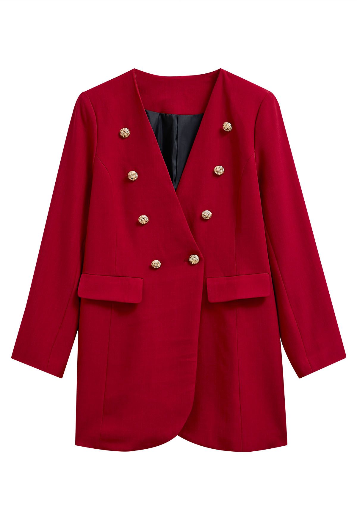 Collarless Golden Double-Breasted Blazer in Red