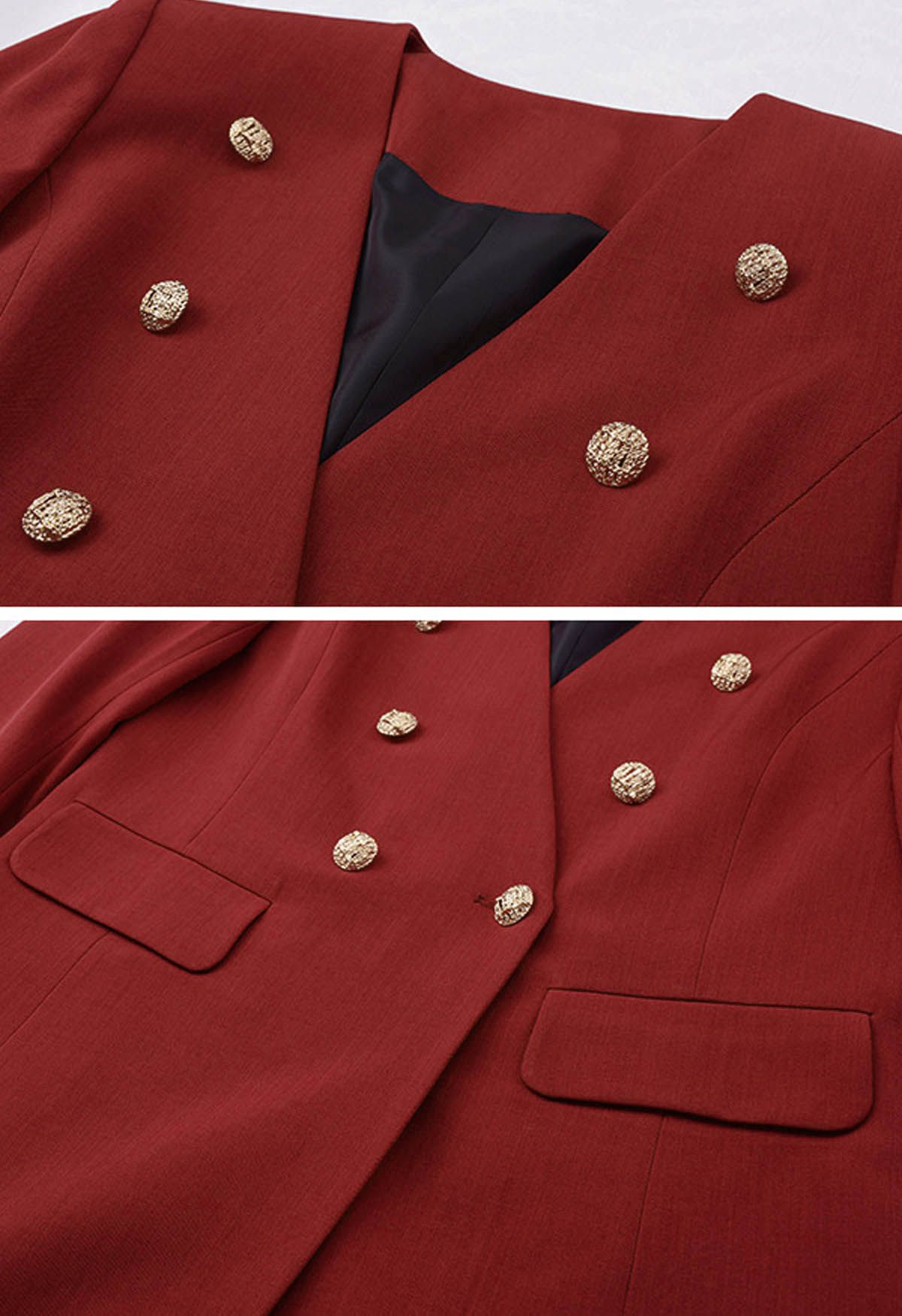Collarless Golden Double-Breasted Blazer in Red