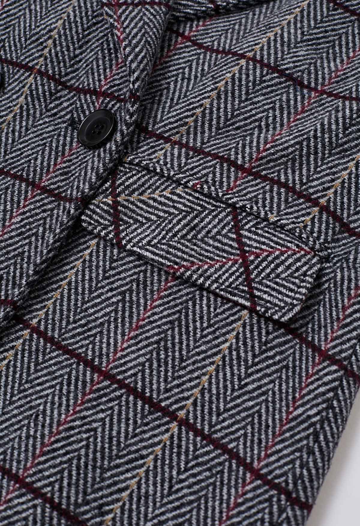 Herringbone Pattern Flap Pocket Longline Coat