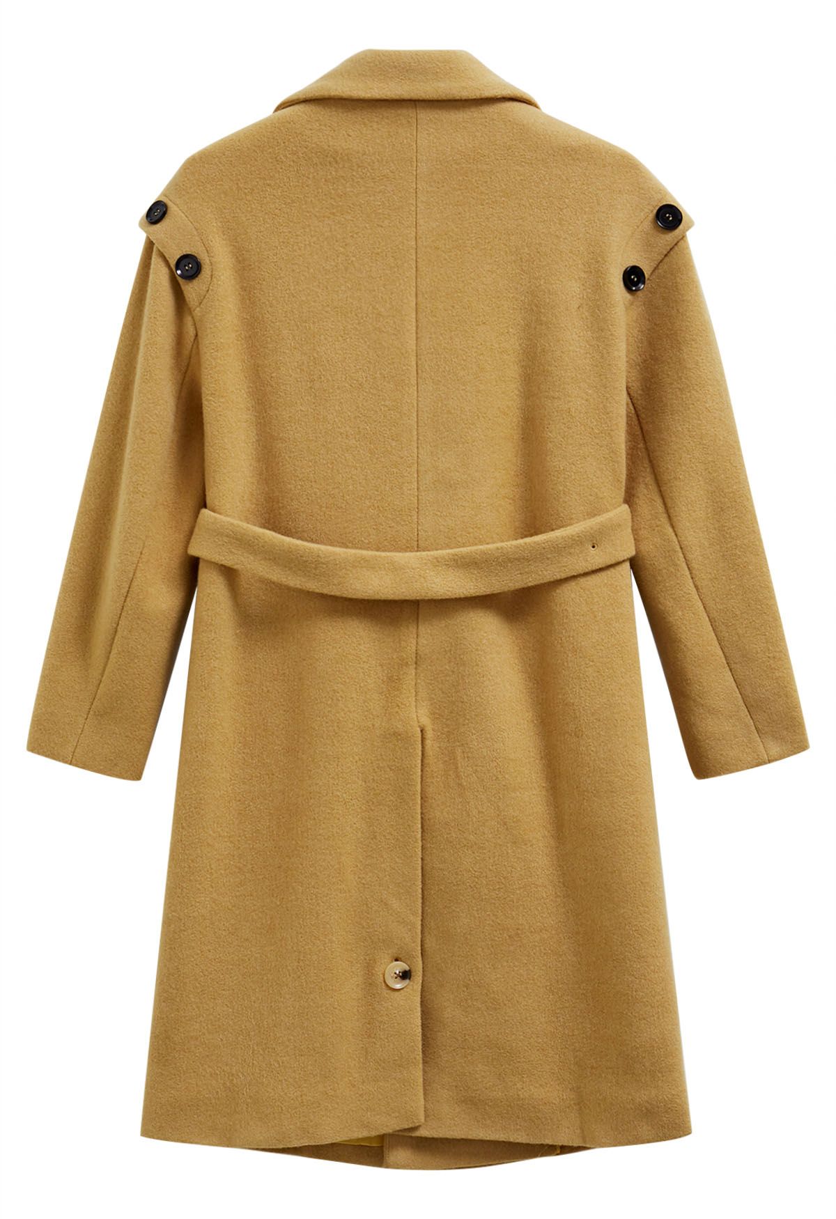 Buttoned Shoulder Double-Breasted Belted Longline Coat in Mustard