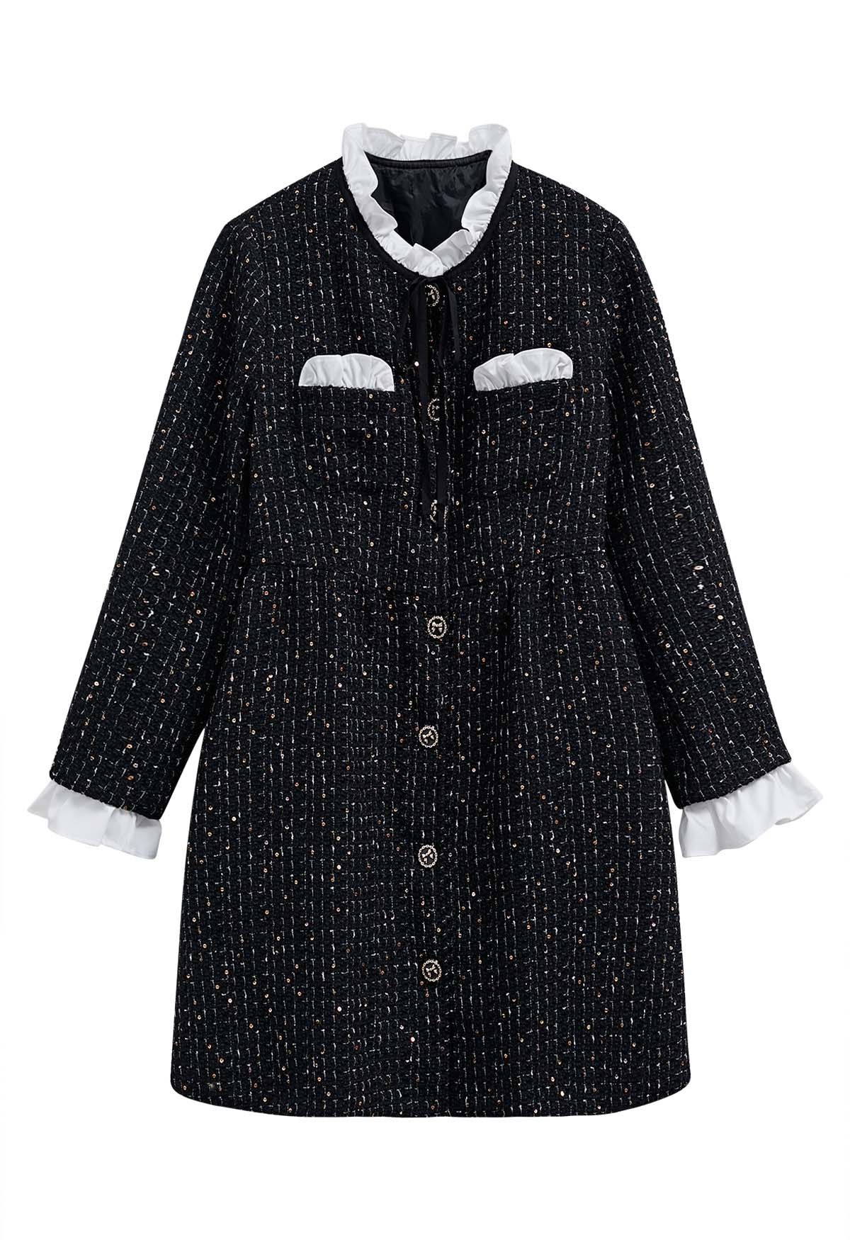 Contrast Ruffle Trim Sequin Grid Tweed Coat Dress