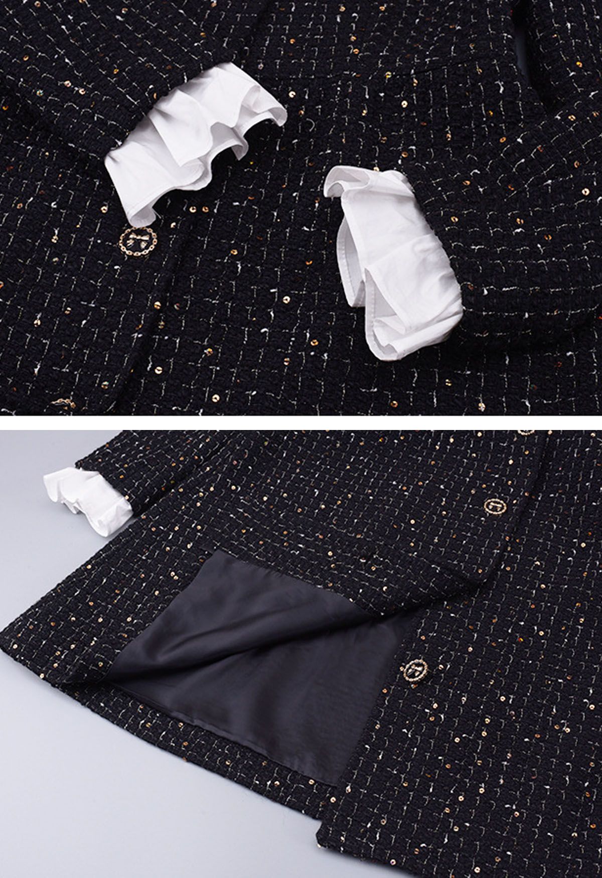 Contrast Ruffle Trim Sequin Grid Tweed Coat Dress