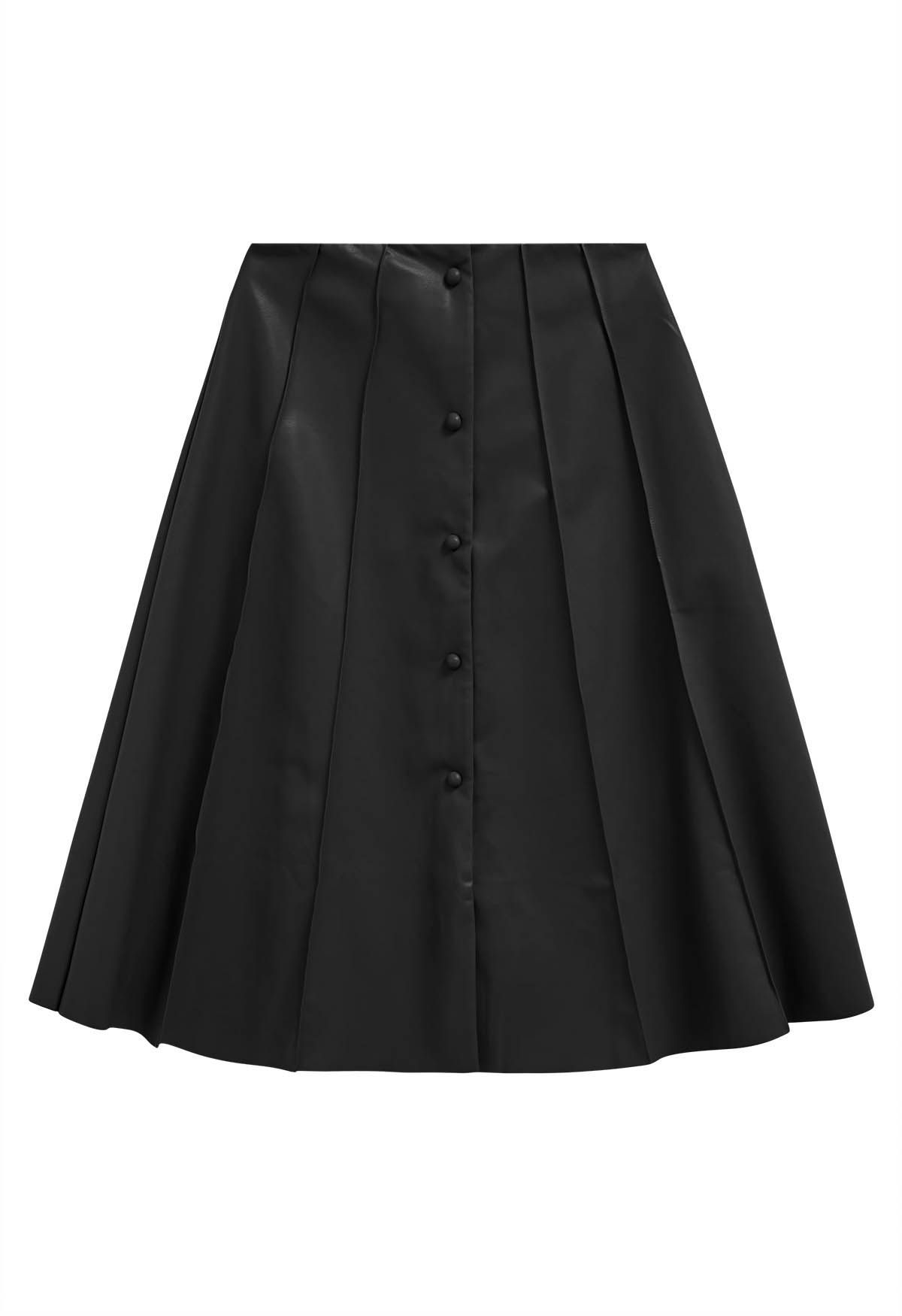 Button Front Faux Leather Midi Skirt in Black