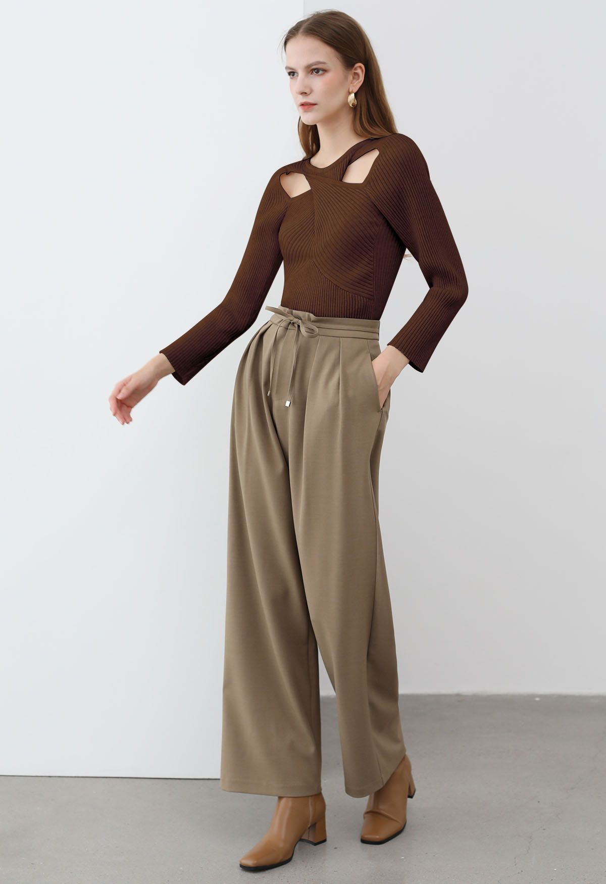 Twist Cutout Neck Ribbed Knit Top in Brown