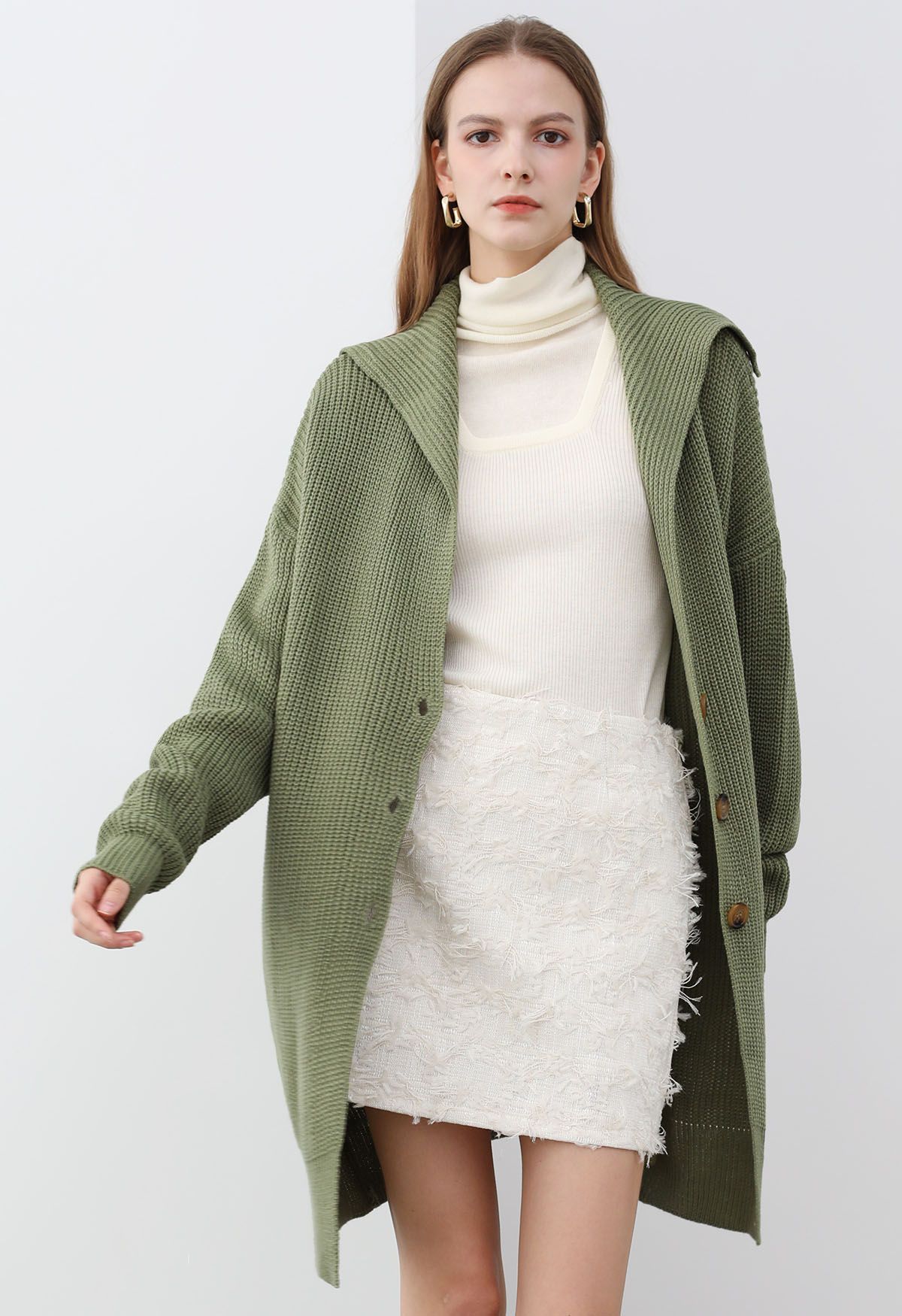 Flap Collar Button Down Longline Knit Cardigan in Green