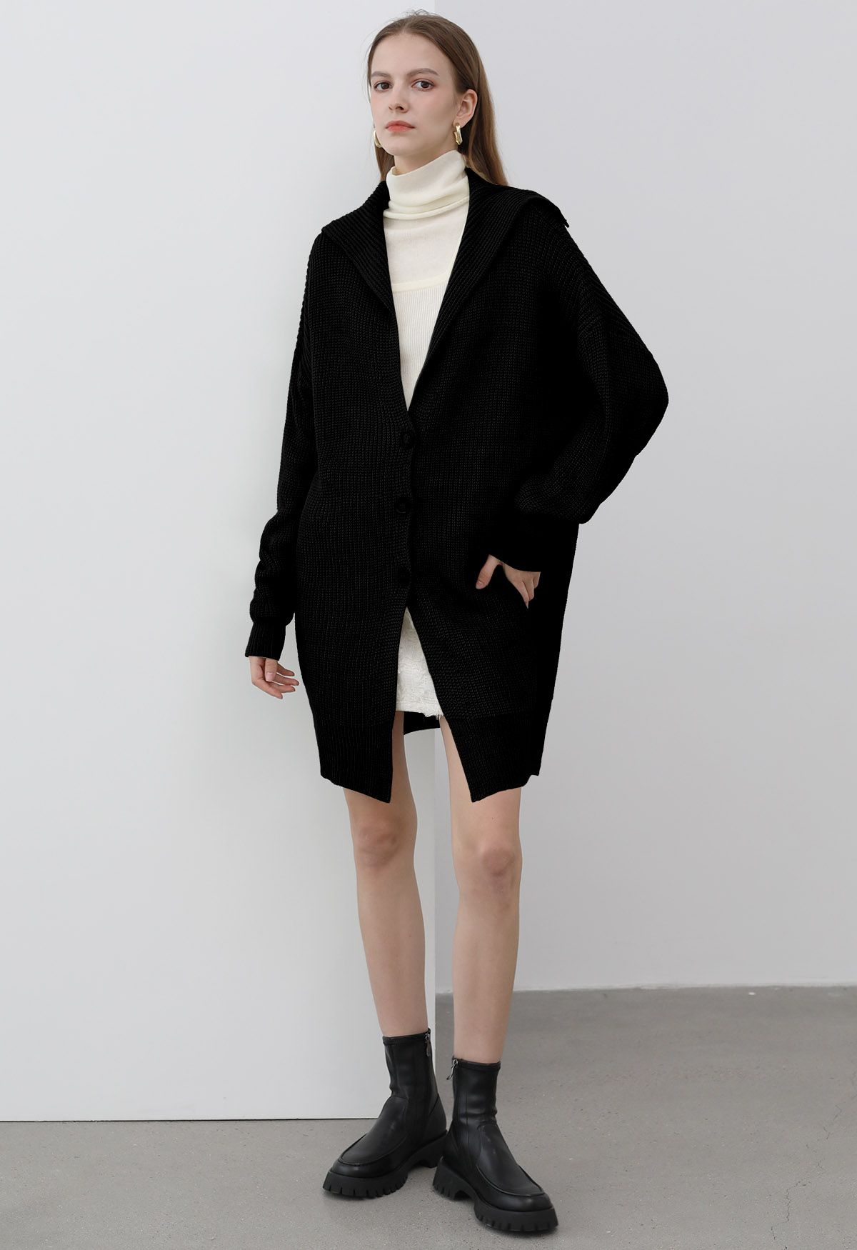 Flap Collar Button Down Longline Knit Cardigan in Black