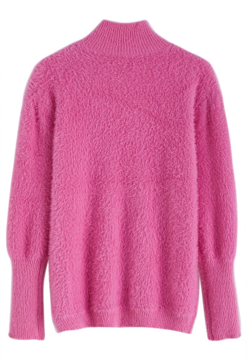 Cozy Perfection High Neck Fuzzy Knit Sweater in Pink