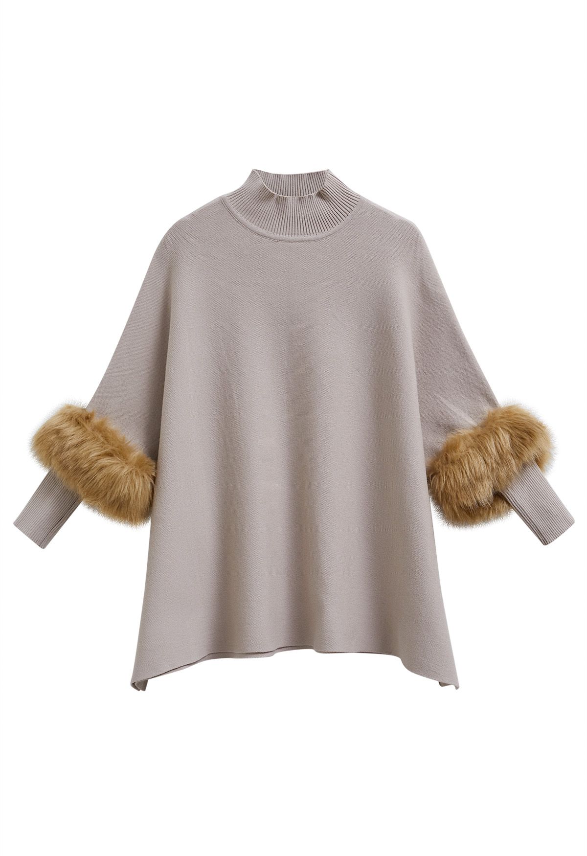 Faux Fur Sleeve Split Hem Knit Poncho in Oatmeal