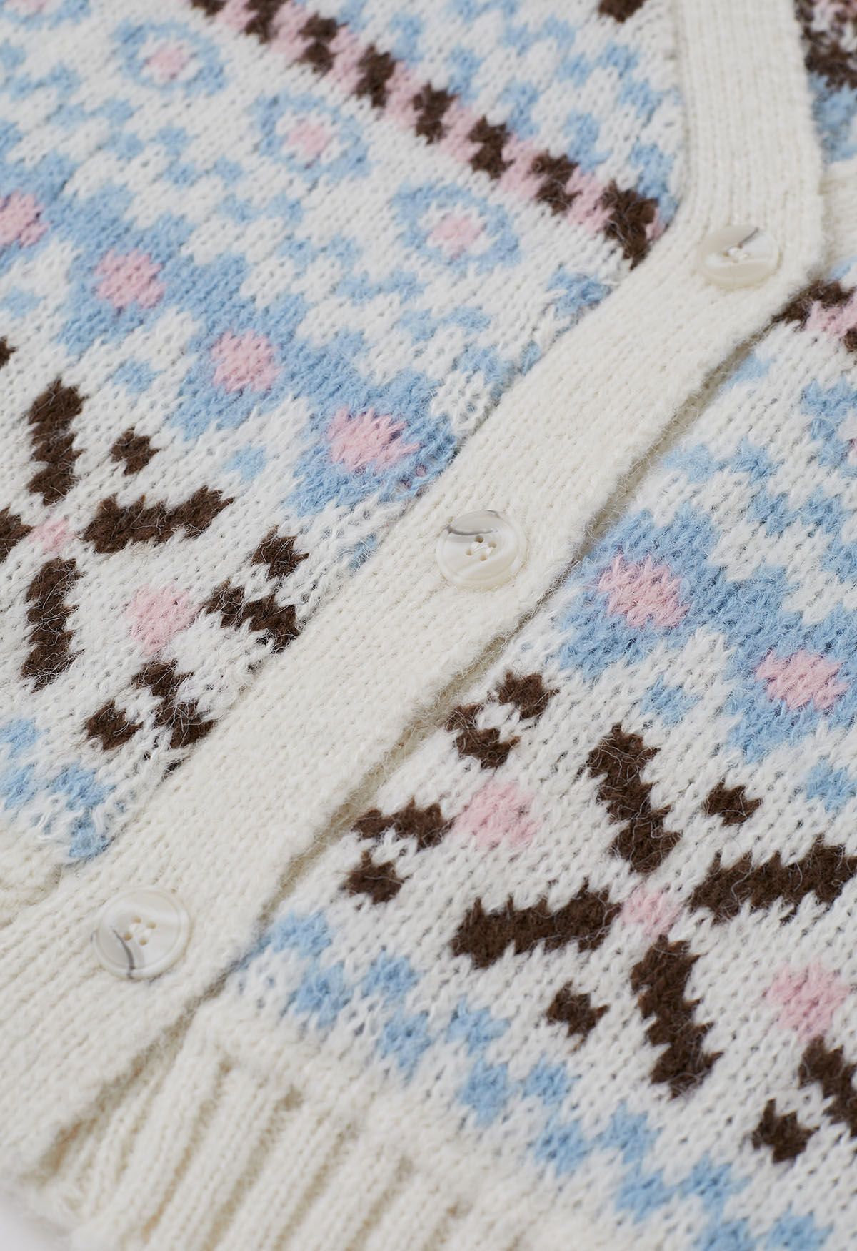 Fair Isle Contrast Edge Knit Cardigan in White