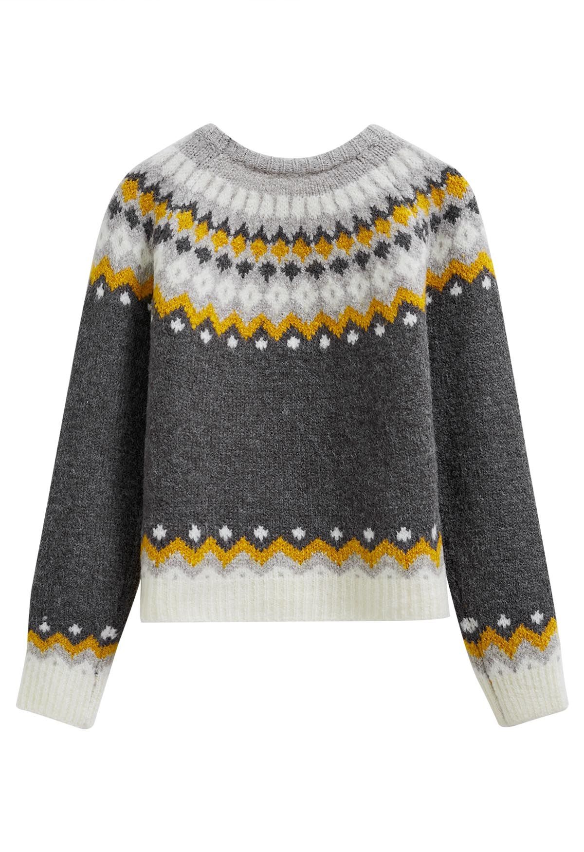 Fair Isle Style Pattern Knit Sweater in Smoke