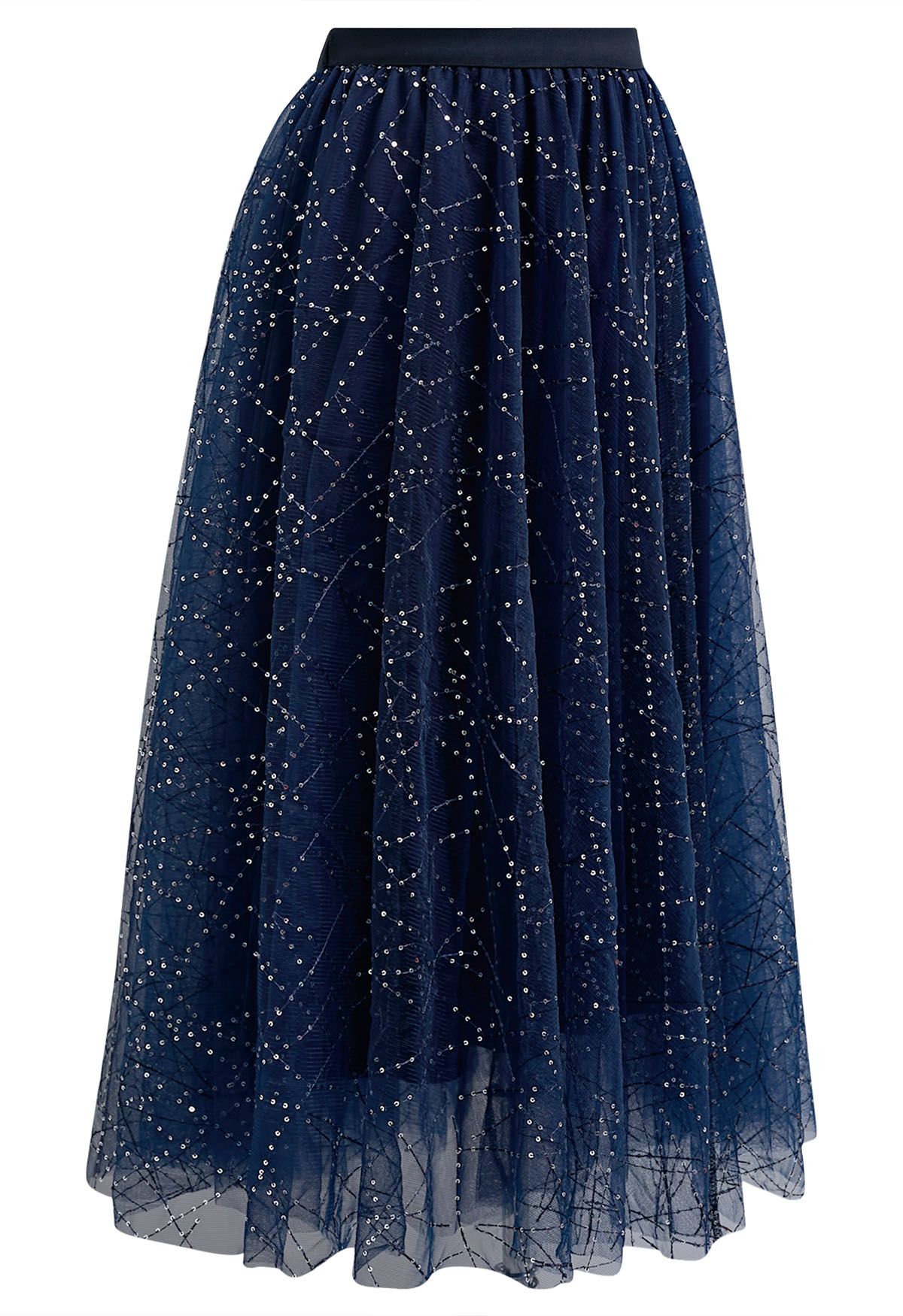 Sequined Embroidery Double-Layered Mesh Tulle Midi Skirt in Navy