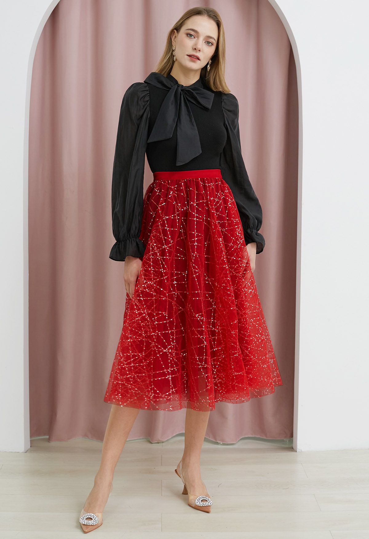 Sequined Embroidery Double-Layered Mesh Tulle Midi Skirt in Red
