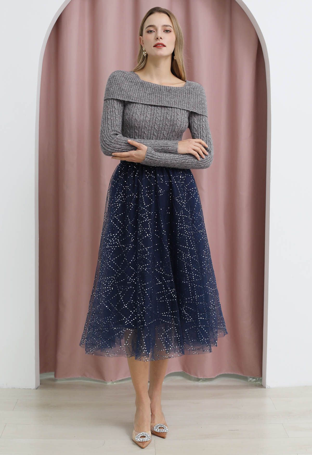 Sequined Embroidery Double-Layered Mesh Tulle Midi Skirt in Navy