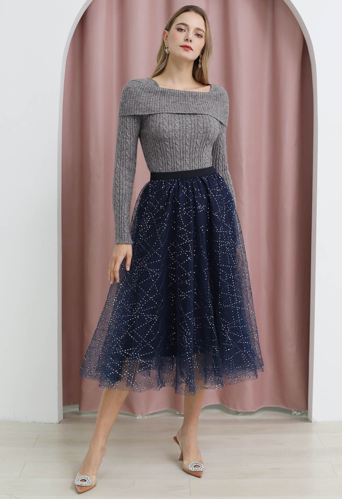 Sequined Embroidery Double-Layered Mesh Tulle Midi Skirt in Navy