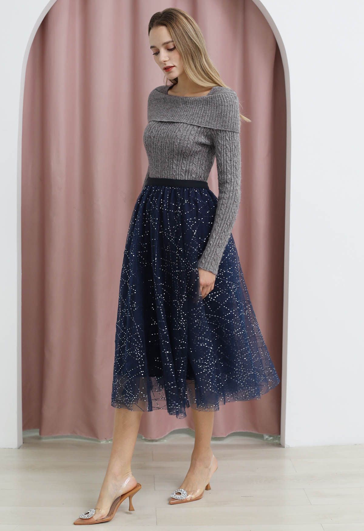 Sequined Embroidery Double-Layered Mesh Tulle Midi Skirt in Navy