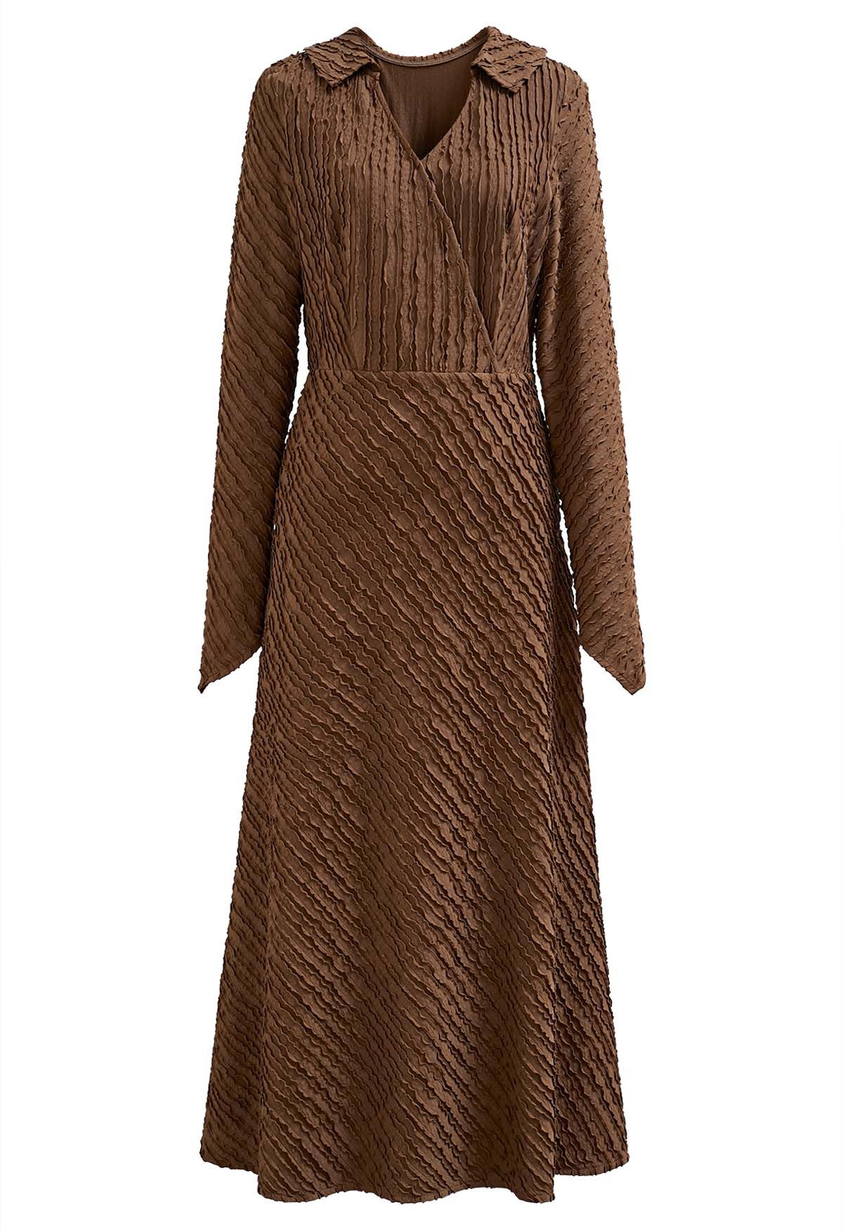 Collared Surplice Neckline Wavy Texture Dress in Caramel