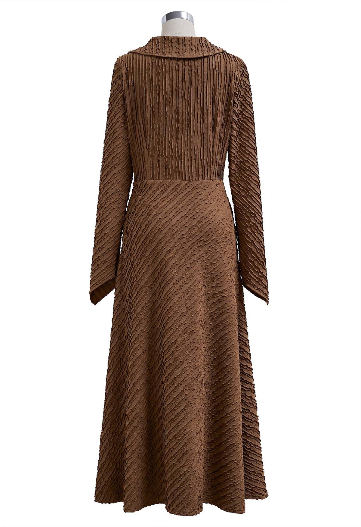 Collared Surplice Neckline Wavy Texture Dress in Caramel