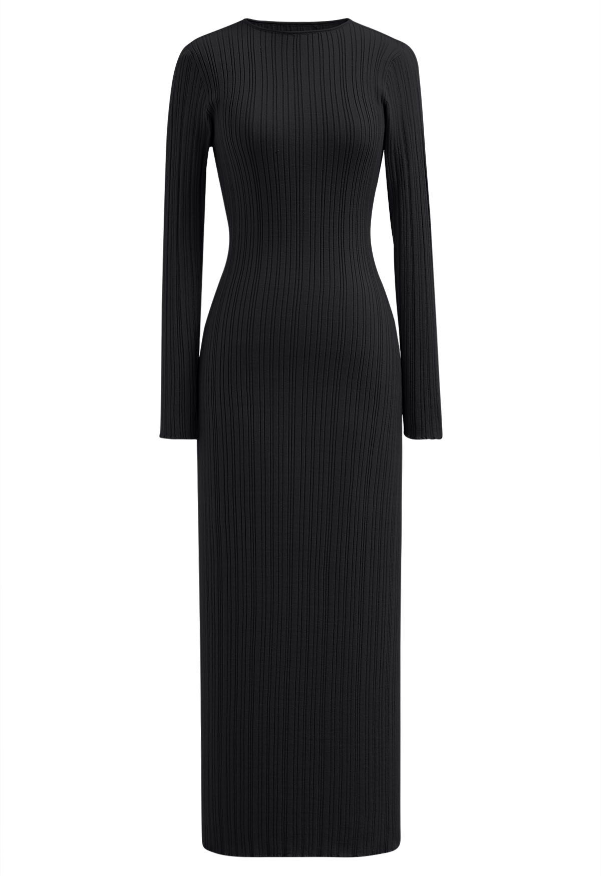 Stripe Texture Fitted Knit Maxi Dress in Black