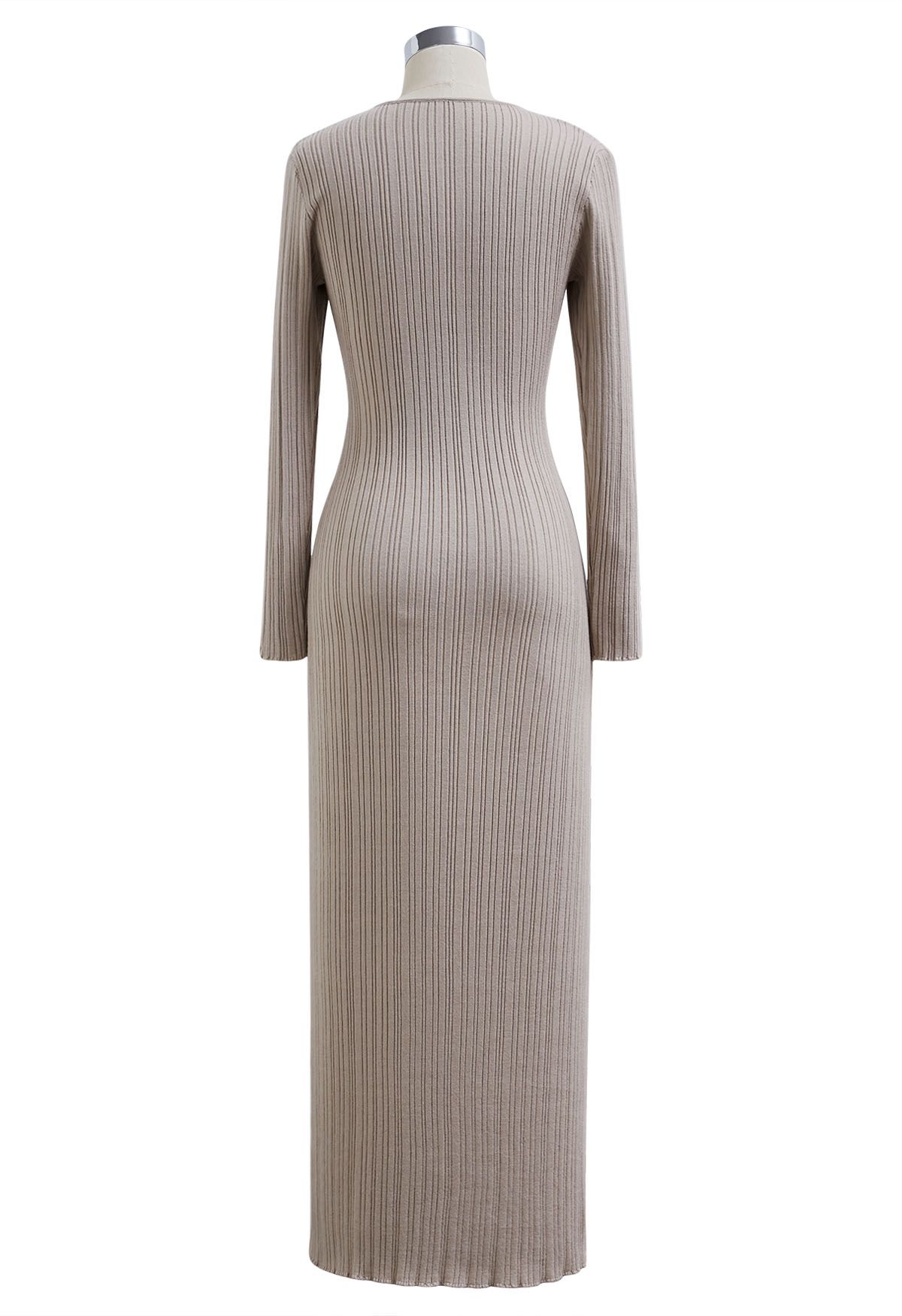 Stripe Texture Fitted Knit Maxi Dress in Oatmeal