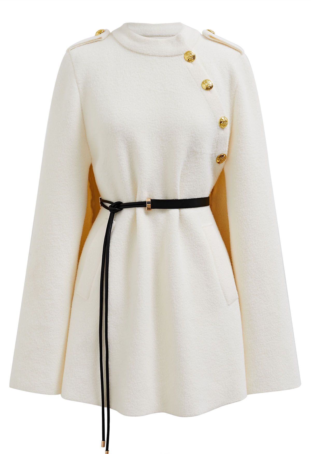 Golden Button Belted Cape Coat in Ivory