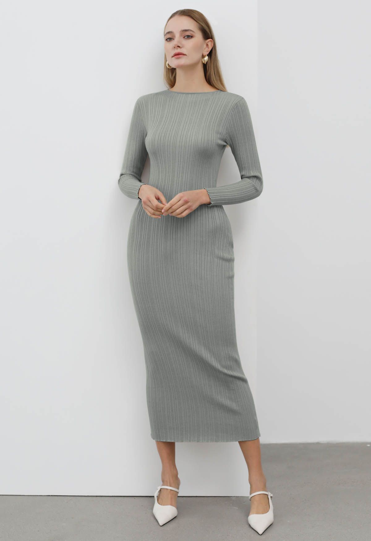 Stripe Texture Fitted Knit Maxi Dress in Pea Green