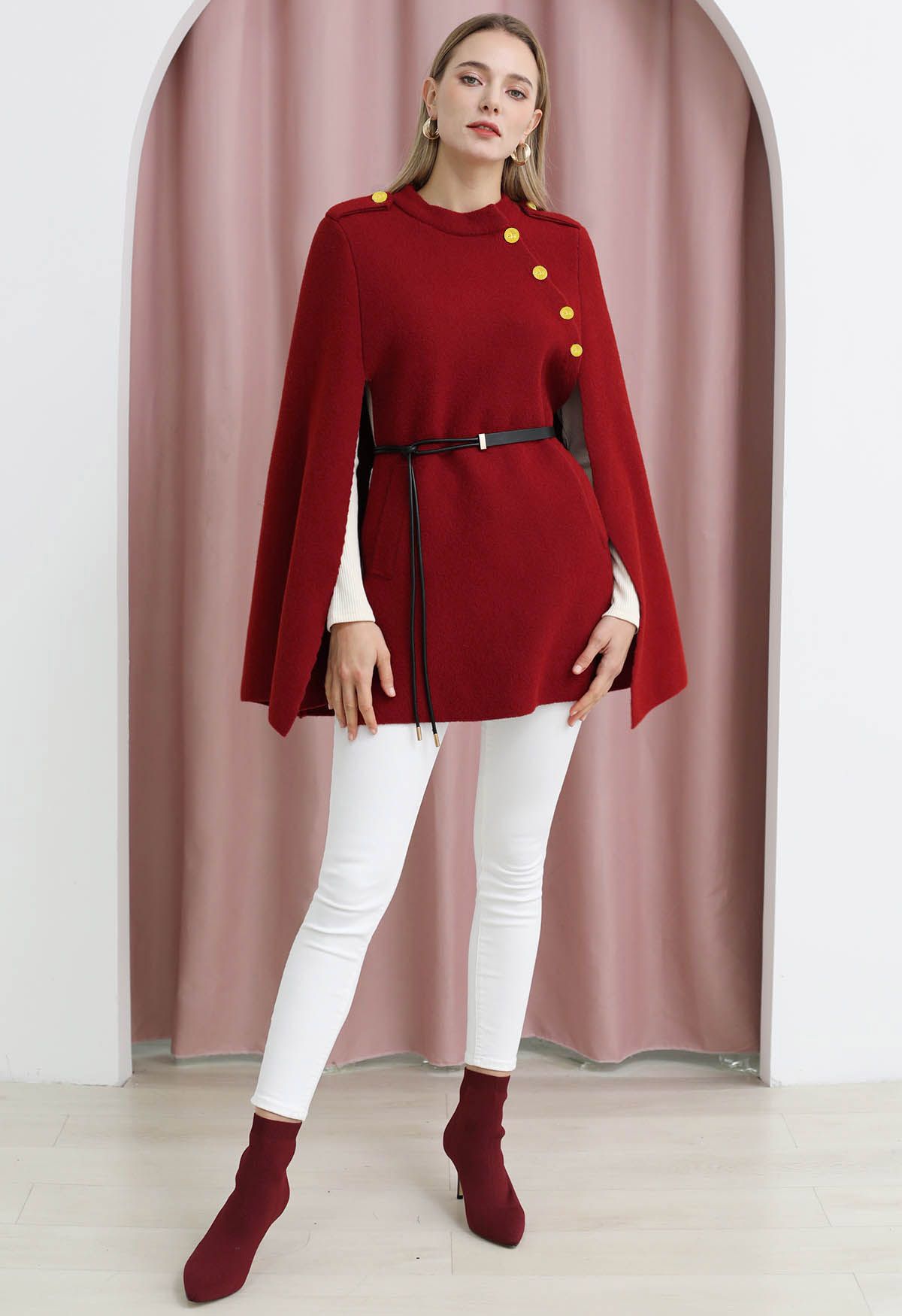 Golden Button Belted Cape Coat in Red