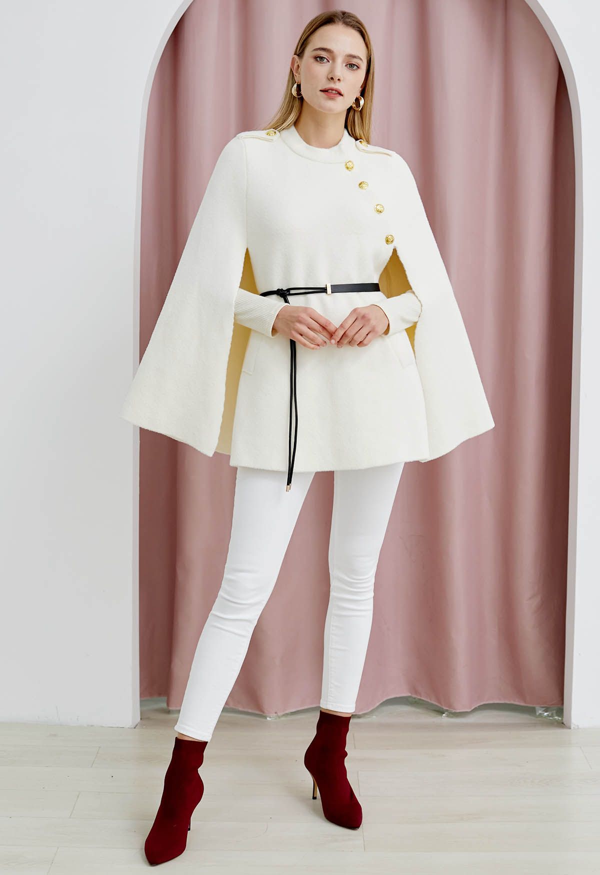 Golden Button Belted Cape Coat in Ivory