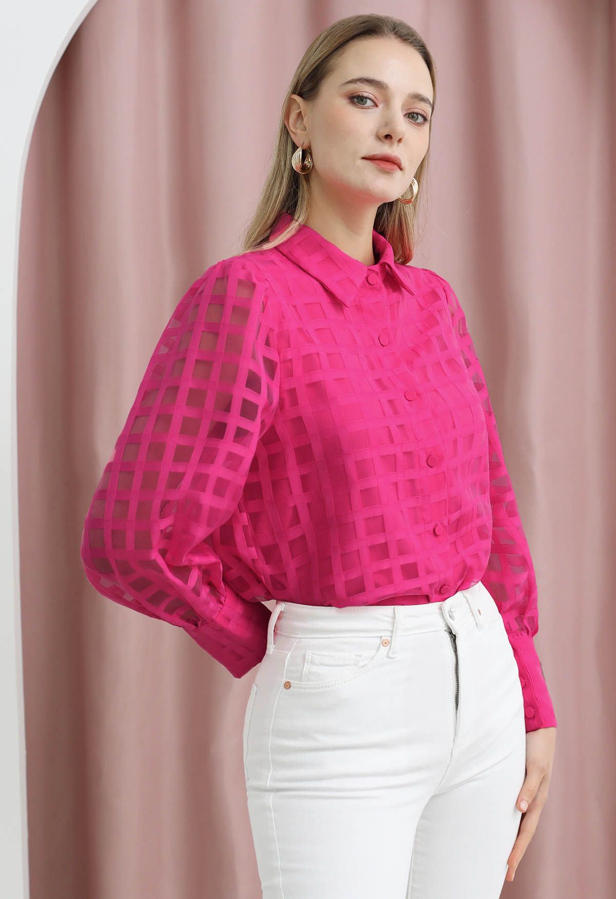 Check Pattern Button Down Shirt in Hot Pink