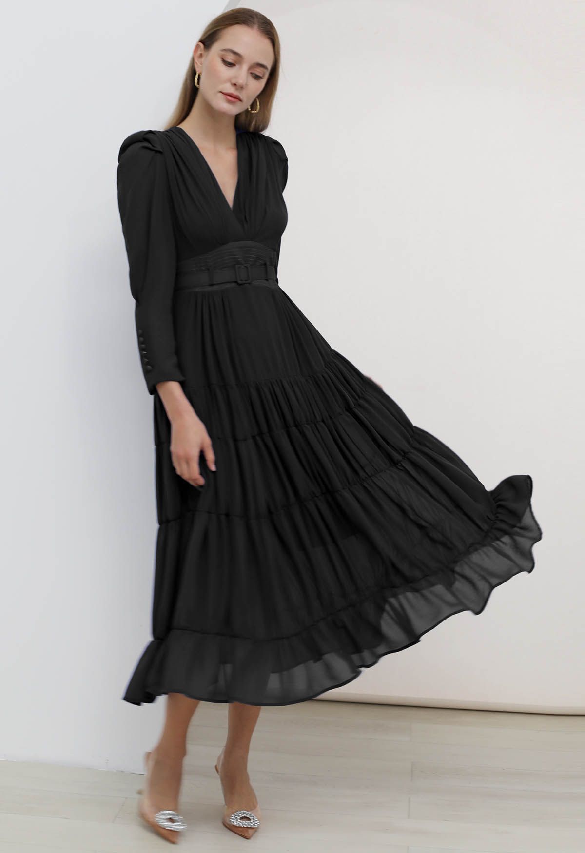 V-Neck Shirred Tiered Belted Chiffon Dress in Black