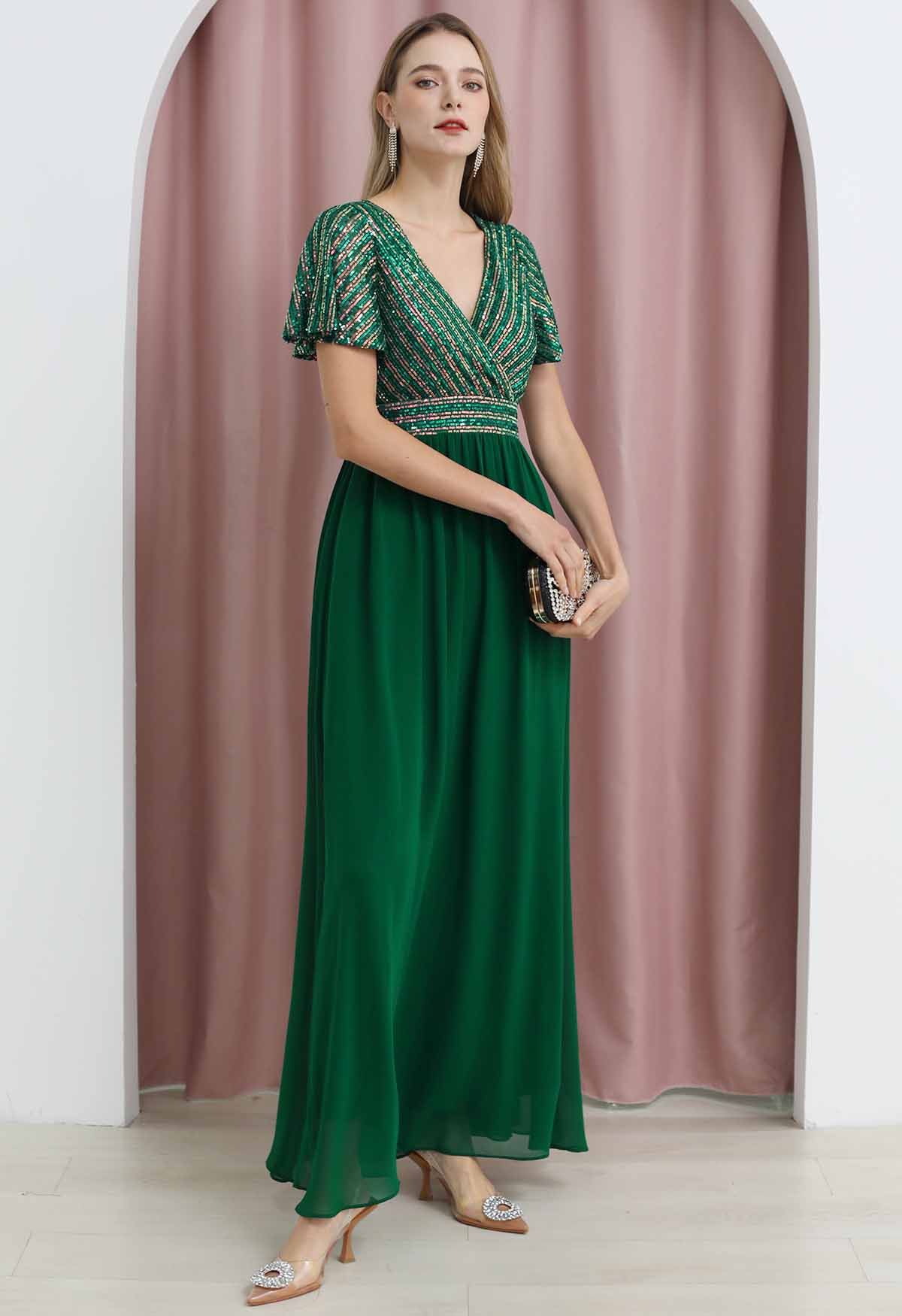 Faux-Wrap Shimmer Sequin Chiffon Maxi Gown in Emerald