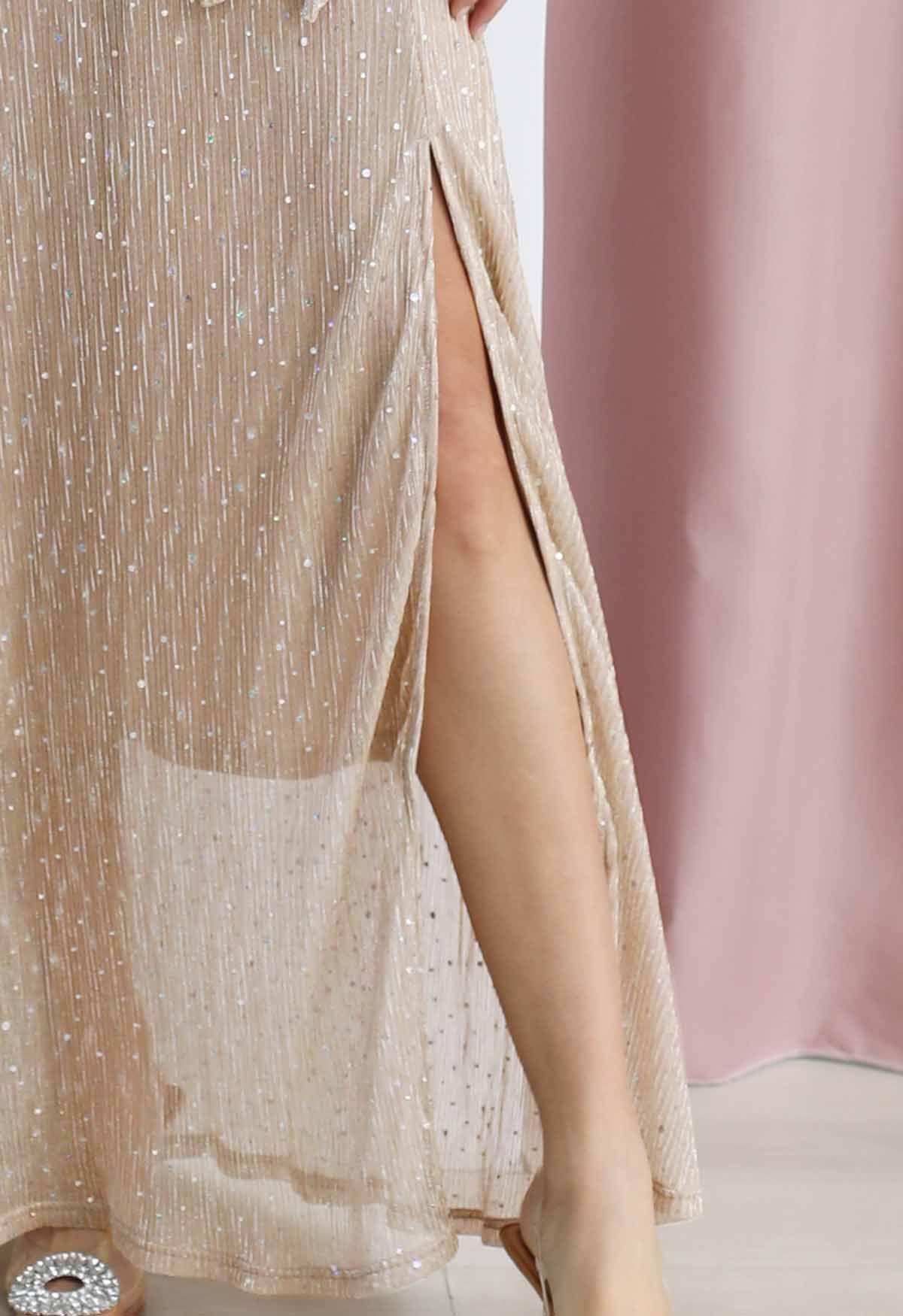 Radiant Sequin Faux-Wrap Split Maxi Gown in Champagne