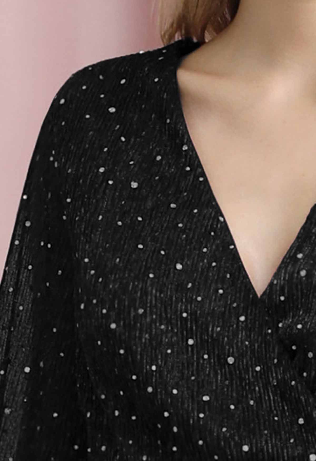 Radiant Sequin Faux-Wrap Split Maxi Gown in Black