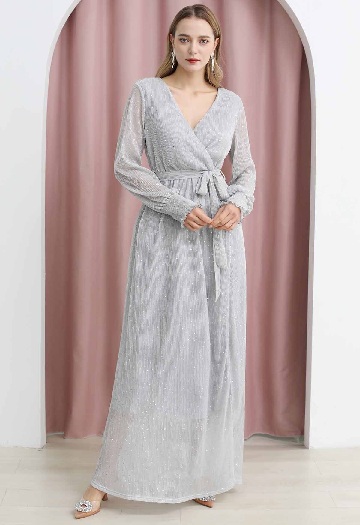 Radiant Sequin Faux-Wrap Split Maxi Gown in Silver