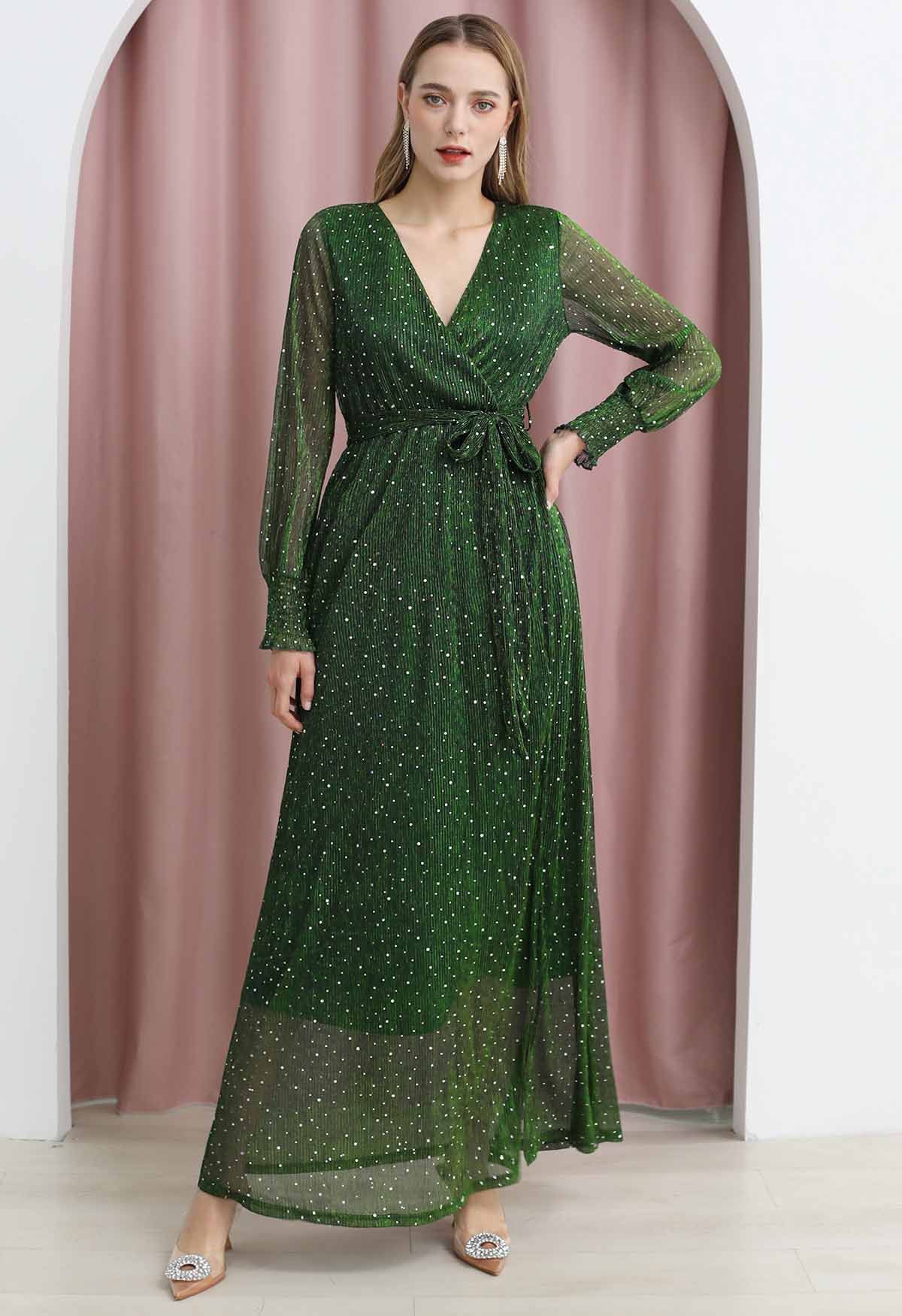 Radiant Sequin Faux-Wrap Split Maxi Gown in Dark Green