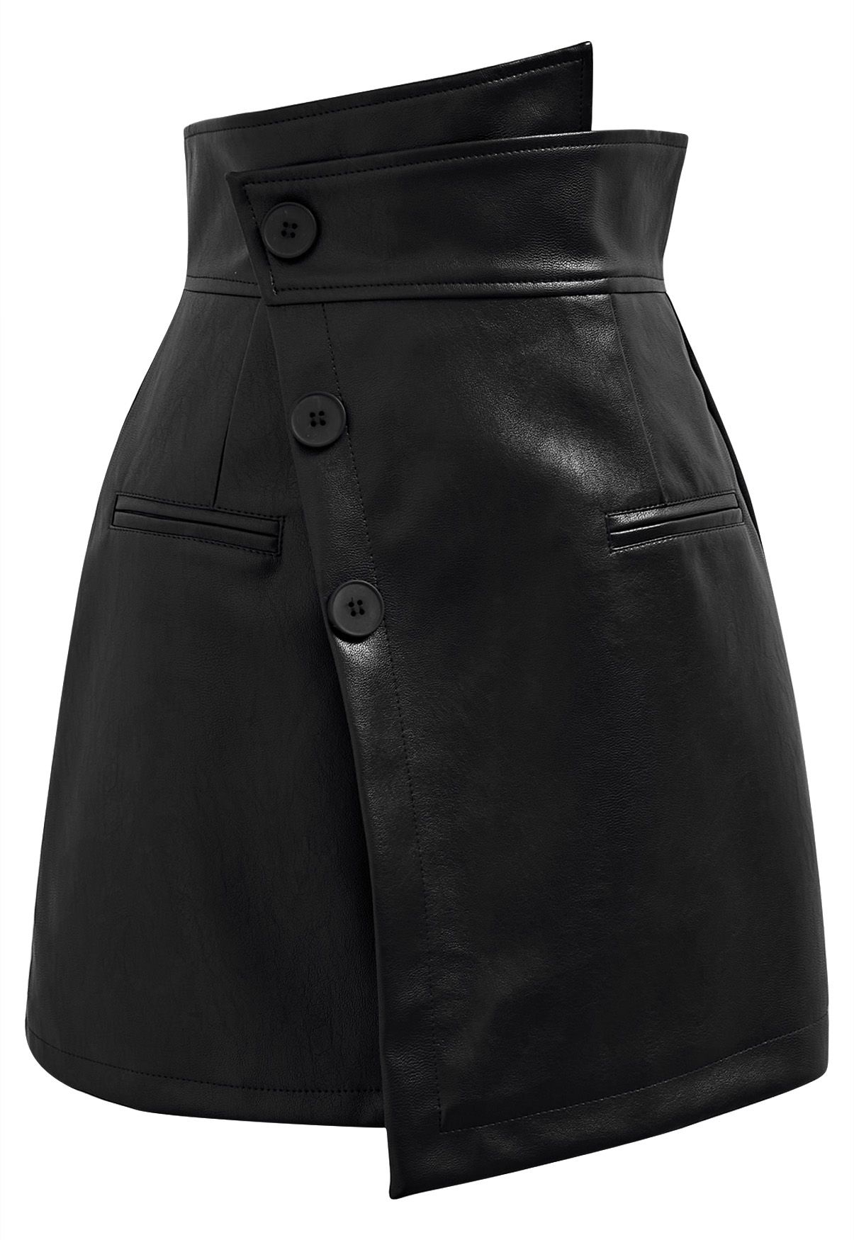 Faux Leather Asymmetric Buttoned Flap Mini Skirt in Black